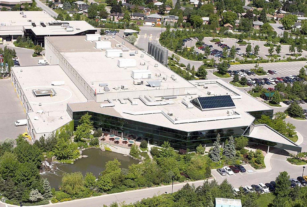 Sustainability. Aerial view of Husky facility with solar panels